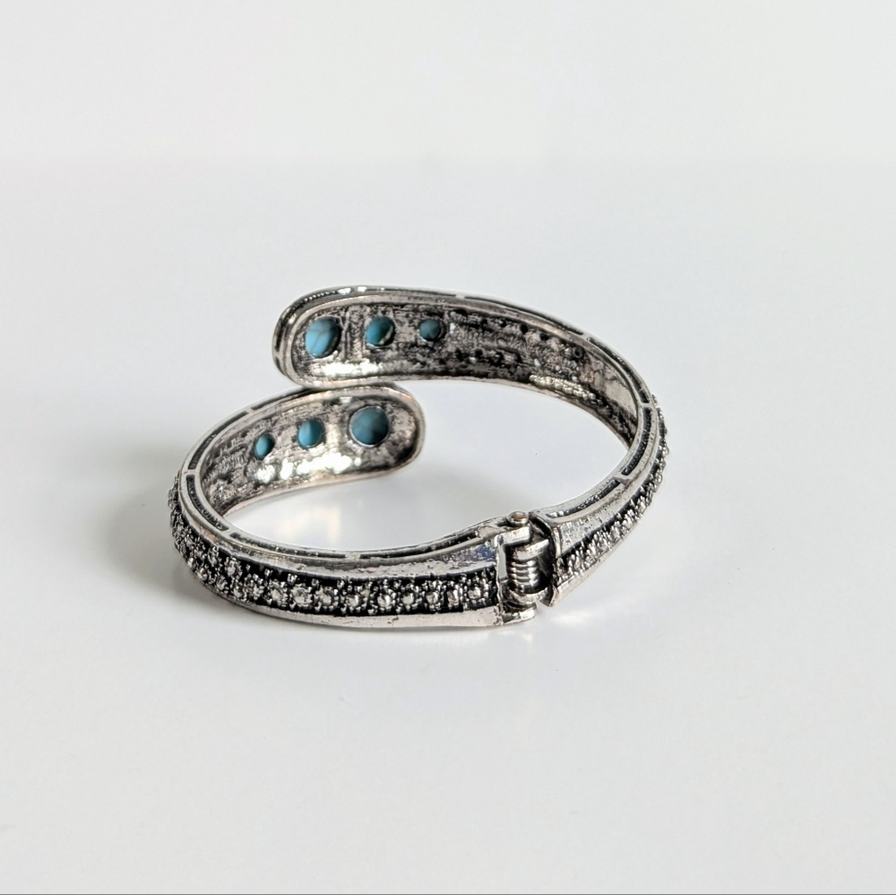 Hinged Antiqued Silver Cuff Bracelet Turquoise Cabochons Rhinestones Metal Beads - Picture 3 of 7
